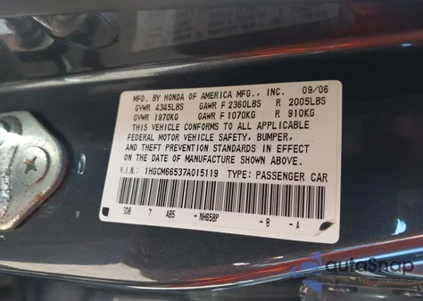 2007 Honda Accord 3.0 Ex z USA, uszkodzony, nr VIN 1HGCM66537A015119